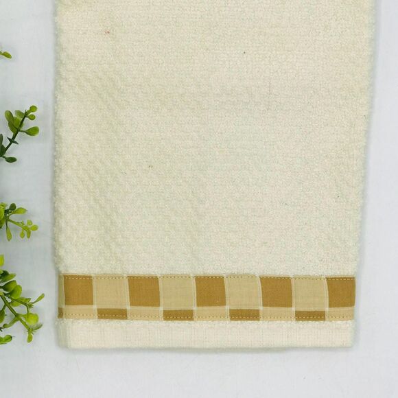 Hanging Kitchen Towel: Neutral Checkers Tan Beige Topper, Button Closure - Picture 4 of 5
